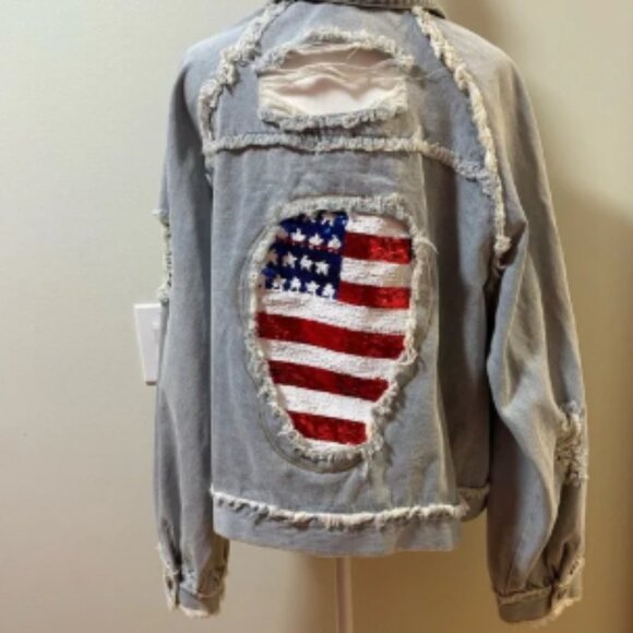 POL distressed denim jacket American flag patriotic sequence Americana S M L - Picture 1 of 6